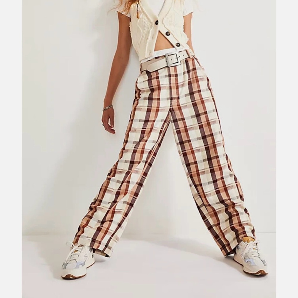 Free People Love Buzz trousers wide leg high waist cotton pants brown & ivory S - Picture 12 of 12